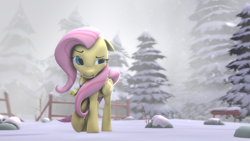 Size: 1920x1080 | Tagged: safe, artist:neondion60, fluttershy, pegasus, pony, 3d, clothes, cold, gritted teeth, scarf, snow, solo, winter