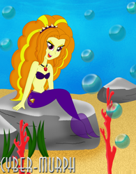 Size: 2112x2704 | Tagged: safe, artist:cyber-murph, adagio dazzle, mermaid, equestria girls, rainbow rocks, belly, belly button, coral, hairband, jewelry, mermaidized, midriff, pendant, rock, seaweed, shell bra, signature, sitting, species swap, underwater