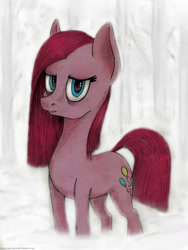 Size: 1200x1600 | Tagged: safe, artist:sanya-mosaica, pinkie pie, earth pony, pony, forest, pinkamena diane pie, snow, solo