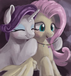 Size: 2687x2883 | Tagged: safe, artist:viv-chibi-love, fluttershy, rarity, pegasus, pony, unicorn, female, flarity, gift giving, jewelry, lesbian, necklace, present, raised hoof, shipping, smiling