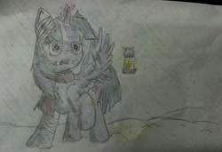 Size: 2693x1837 | Tagged: safe, artist:frisky, derpibooru import, twilight sparkle, twilight sparkle (alicorn), alicorn, pony, bandage, blizzard, clothes, female, lantern, mare, scarf, snow, snowfall, solo, traditional art