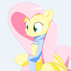 Size: 2391x2380 | Tagged: safe, artist:ando, fluttershy, pegasus, pony, clothes, looking at something, looking down, raised hoof, scarf, simple background, sitting, solo, white background