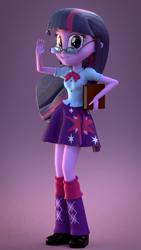 Size: 1080x1920 | Tagged: safe, artist:3d thread, artist:creatorofpony, derpibooru import, twilight sparkle, twilight sparkle (alicorn), alicorn, equestria girls, /mlp/, 3d, 3d model, book, glasses, grin, looking at you, smiling, solo, waving