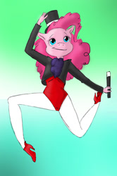 Size: 900x1353 | Tagged: safe, artist:autismchan, pinkie pie, anthro, human, plantigrade anthro, :t, green background, hat, high heels, humanized, magic wand, magician, magician outfit, running, simple background, smiling, solo, top hat