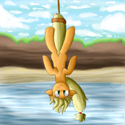 Size: 3000x3000 | Tagged: safe, artist:vanillaghosties, applejack, earth pony, pony, floppy ears, hanging, hatless, hung upside down, missing accessory, solo, upside down, water