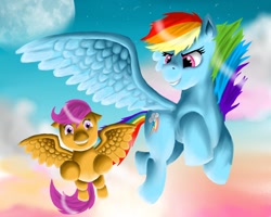 Size: 1280x1024 | Tagged: artist needed, source needed, safe, derpibooru import, rainbow dash, scootaloo, pegasus, pony, cloud, cute, cutealoo, flying, scootaloo can fly, scootalove, sky, smiling, stars, sunset