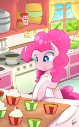Size: 1200x1920 | Tagged: safe, artist:joe0316, artist:laptop-pone, pinkie pie, pony, :p, apron, bipedal, cherry, clothes, colored pupils, cupcake, dessert, ear fluff, food, frosting, heart eyes, hoof hold, indoors, kitchen, oven, pot, signature, solo, stove, tongue out, updated, whipped cream, wingding eyes