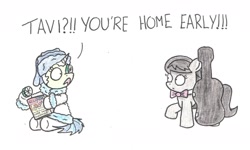 Size: 2120x1274 | Tagged: safe, artist:bobthedalek, bon bon, carrot top, dj pon-3, golden harvest, octavia melody, sweetie drops, vinyl scratch, earth pony, pony, unicorn, caught, cello, clothes, cucumber, cucumber pirate, duo, female, magazine, misspelling, mud mask, musical instrument, robe