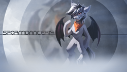 Size: 2560x1440 | Tagged: safe, artist:ramiras, artist:sgtwaflez, derpibooru import, edit, oc, oc only, oc:stormdancer, bat pony, bandana, bat pony oc, bat wings, smiling, smirk, wallpaper, wings