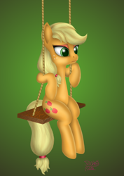 Size: 2422x3424 | Tagged: safe, artist:sstab29, applejack, earth pony, pony, hatless, missing accessory, solo, swing