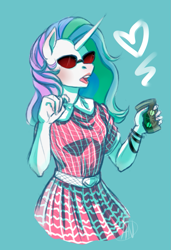 Size: 885x1296 | Tagged: safe, artist:1an1, princess celestia, anthro, clothes, dress, drink, female, heart, mare, simple background, solo, sunglasses