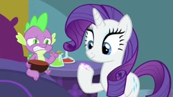 Size: 1280x720 | Tagged: safe, screencap, rarity, spike, dragon, pony, unicorn, ail-icorn, spoiler:interseason shorts, bed, duo, gritted teeth, sparkles