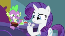 Size: 1280x720 | Tagged: safe, screencap, rarity, spike, dragon, pony, unicorn, ail-icorn, spoiler:interseason shorts, bed, female, male, mare, rariskate, winged spike