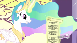 Size: 1280x720 | Tagged: safe, edit, edited screencap, screencap, princess celestia, alicorn, pony, the crystal empire, privacy, scroll, solo, text edit