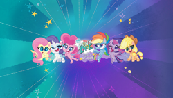 Size: 2560x1440 | Tagged: safe, derpibooru import, applejack, fluttershy, pinkie pie, rainbow dash, rarity, twilight sparkle, twilight sparkle (alicorn), alicorn, earth pony, pegasus, pony, unicorn, my little pony: pony life, hasbro, mane six, my little pony logo, official, stars, youtube banner