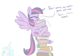 Size: 1500x1100 | Tagged: safe, artist:heir-of-rick, princess celestia, twilight sparkle, twilight sparkle (alicorn), alicorn, pony, adorkable, book, cute, dialogue, dork, duo, eyes closed, female, happy, mare, simple background, that pony sure does love books, tower of books, twiabetes, white background