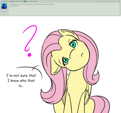 Size: 1024x950 | Tagged: safe, artist:yogfan, fluttershy, pegasus, pony, ask, deviantart, head tilt, simple background, small eyes, solo, transparent background