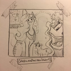 Size: 1280x1280 | Tagged: safe, artist:greyscaleart, princess celestia, princess luna, twilight sparkle, unicorn twilight, alicorn, pony, unicorn, bust, female, filly, filly twilight sparkle, grayscale, male, mare, monochrome, open mouth, photo, portrait, royal sisters, scrapbook, selfie, silluna, silly, sitting, smiling, stallion, tape, text, traditional art, trio, younger