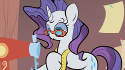 Size: 1280x720 | Tagged: safe, artist:turtlefarminguy, rarity, pony, unicorn, suited for success, glasses, measuring tape, scene interpretation, sewing machine