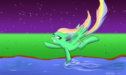 Size: 1000x592 | Tagged: safe, artist:empyu, derpibooru import, fluttershy, rainbow dash, oc, oc:flutter rainbow, pegasus, pony, 45 minute art challenge, flying, fusion, river, water