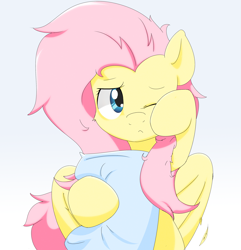 Size: 2555x2655 | Tagged: safe, artist:ando, fluttershy, pegasus, pony, bust, cute, female, holding, mare, messy mane, morning ponies, one eye closed, pillow, portrait, shyabetes, simple background, solo, white background