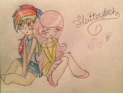 Size: 1714x1304 | Tagged: safe, artist:yazmen10, derpibooru import, fluttershy, rainbow dash, human, blushing, female, flutterdash, humanized, lesbian, shipping, traditional art