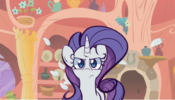 Size: 1280x730 | Tagged: safe, artist:turtlefarminguy, rarity, pony, unicorn, look before you sleep, angry, feather, frown, golden oaks library, looking at you, rarity is not amused, scene interpretation, solo, unamused