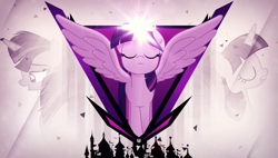 Size: 3840x2180 | Tagged: safe, artist:drakesparkle44, artist:jhayarr23, artist:theshadowstone, derpibooru import, edit, twilight sparkle, twilight sparkle (alicorn), alicorn, canterlot, concentrating, eyes closed, female, looking down, magic, mare, particles, profile, silhouette, spread wings, vector, wallpaper, wallpaper edit, wings