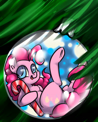 Size: 547x682 | Tagged: safe, artist:whale, pinkie pie, earth pony, pony, candy, candy cane, chest fluff, christmas ornament, christmas tree, colored pupils, decoration, food, on back, solo, tree