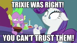 Size: 960x540 | Tagged: safe, edit, edited screencap, screencap, rarity, spike, dragon, pony, unicorn, ail-icorn, spoiler:interseason shorts, bed, caption, image macro, meme, rariskate, roller skates, silly, text, very silly, very very silly, wheels trixie, winged spike