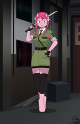 Size: 2610x4034 | Tagged: safe, artist:toxic-mario, pinkie pie, anthro, unguligrade anthro, absurd resolution, blades, crossover, military uniform, solo