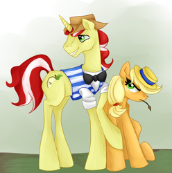 Size: 820x825 | Tagged: safe, artist:chromaflow, applejack, flim, earth pony, pony, accessory swap, female, mare