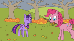 Size: 4096x2304 | Tagged: safe, artist:roxor128, derpibooru import, pinkie pie, twilight sparkle, earth pony, pony, confused, eating, frown, horses doing horse things, leaves, medal, nom, raised eyebrow, running of the leaves, tree