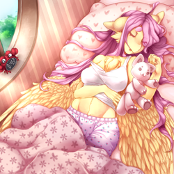 Size: 1024x1024 | Tagged: safe, artist:tolsticot, fluttershy, anthro, arm under breasts, beanbrows, bed, bedroom, breasts, chest fluff, clothes, cute, eyebrows, eyes closed, female, hootershy, in bed, midriff, off shoulder, on back, pajamas, pillow, plushie, precious, shyabetes, sleeping, solo, spread wings, tanktop