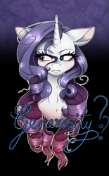Size: 835x1344 | Tagged: safe, artist:emalajissda, rarity, pony, unicorn, abstract background, bust, female, floppy ears, looking sideways, mare, question mark, sneer, solo, stray strand