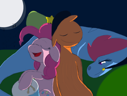 Size: 1024x768 | Tagged: safe, artist:scribblesea, pinkie pie, earth pony, pony, back to back, bonding, crossover, crossover shipping, dialogue, drums, eyes closed, heartwarming, hush now quiet now, impressed, interspecies, lullaby, male, moon, night, pinker, romantic, singing, sleeping, sylvia, together forever, wander (wander over yonder), wander over yonder, zzz