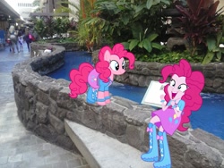 Size: 1505x1129 | Tagged: safe, artist:newportmuse, artist:strumfreak, artist:zacatron94, pinkie pie, equestria girls, boots, bracelet, clothes, cute, diapinkes, equestria girls in real life, equestria girls outfit, fountain, hawaii, haywaii, high heel boots, human ponidox, irl, jewelry, mall, photo, ponies in real life, scenery, self ponidox, skirt