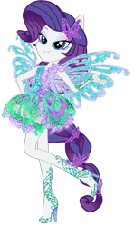 Size: 1450x2450 | Tagged: safe, artist:gihhbloonde, rarity, equestria girls, aisha, blue wings, butterflix, clothes, crossover, dress, fairy, fairy wings, fairyized, female, high heels, layla, ponied up, pony ears, rainbow s.r.l, shoes, simple background, smiling, solo, transparent background, winged humanization, wings, winx club