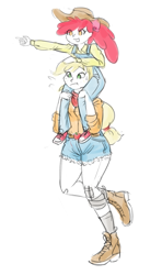 Size: 757x1280 | Tagged: safe, artist:king-kakapo, apple bloom, applejack, human, bandage, boots, clothes, converse, humanized, overalls, piggyback ride, shoes, sisters, sketch