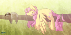 Size: 4400x2200 | Tagged: safe, artist:fluffyxai, fluttershy, pegasus, pony, sloth, :t, absurd resolution, animal, crepuscular rays, curly hair, cute, eyes closed, forest, hanging, lazy, limp, prone, sleeping, smiling, solo, tree branch