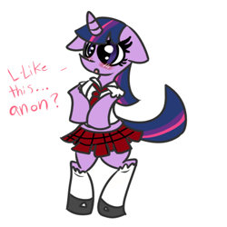 Size: 600x600 | Tagged: safe, artist:php10, derpibooru import, twilight sparkle, blushing, clothes, schoolgirl