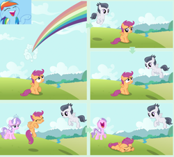 Size: 1876x1688 | Tagged: safe, artist:adcoon, derpibooru import, edit, editor:scootabuser, diamond tiara, rainbow dash, rumble, scootaloo, pegasus, pony, bully, bullying, cropped, flying, op is a cuck