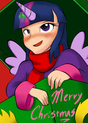 Size: 1280x1786 | Tagged: safe, artist:thearcano13, derpibooru import, twilight sparkle, twilight sparkle (alicorn), alicorn, human, clothes, holly, holly mistaken for mistletoe, horned humanization, humanized, merry christmas, scarf, solo, winged humanization