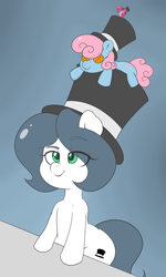 Size: 1152x1920 | Tagged: safe, artist:matitas, pinkie pie, oc, oc:hattsy, pony, bipedal, bipedal leaning, hat, leaning, lidded eyes, looking up, plushie, raised eyebrow, top hat