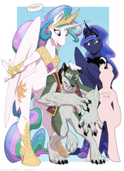 Size: 872x1200 | Tagged: safe, artist:loupgarou, princess celestia, princess luna, oc, alicorn, anthro, diamond dog, digitigrade anthro, unguligrade anthro, diamond dog oc, female, four fingers, hoof nails, jewelry, male, mare, regalia, silhouette, size difference, trio