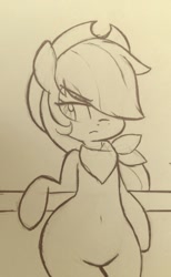 Size: 788x1280 | Tagged: safe, artist:hidden-cat, applejack, earth pony, pony, bandana, belly button, hair over one eye, serious face, sketch, solo, traditional art