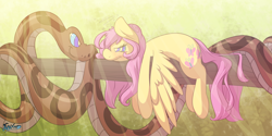 Size: 4400x2200 | Tagged: safe, artist:fluffyxai, fluttershy, pegasus, pony, snake, :t, absurd resolution, blushing, coils, dizzy, eye contact, female, hypnosis, hypnotized, imminent vore, kaa eyes, lidded eyes, looking at each other, mare, prone, relaxed, smiling, spread wings, swirly eyes, tree, tree branch