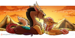 Size: 1024x517 | Tagged: safe, artist:inuhoshi-to-darkpen, discord, fluttershy, draconequus, pegasus, pony, blushing, cute, discoshy, eyes closed, male, nuzzling, scenery, shipping, shyabetes, signature, straight, sunset