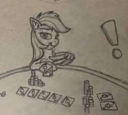 Size: 2660x2395 | Tagged: safe, artist:vaser888, derpibooru import, rainbow dash, pegasus, pony, atg 2020, card, casino, exclamation point, gambling, monochrome, newbie artist training grounds, smiling, smirk, solo, traditional art