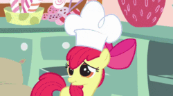Size: 445x250 | Tagged: safe, screencap, apple bloom, pinkie pie, pony, call of the cutie, animated, chef's hat, cupcake song, gif, hat